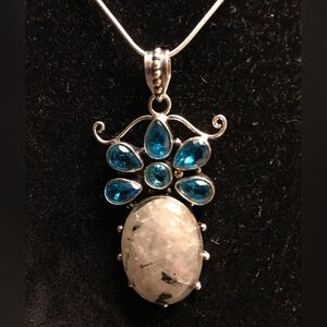 Rainbow Moonstone Blue Topaz Stamped 925 Sterling Silver Necklace